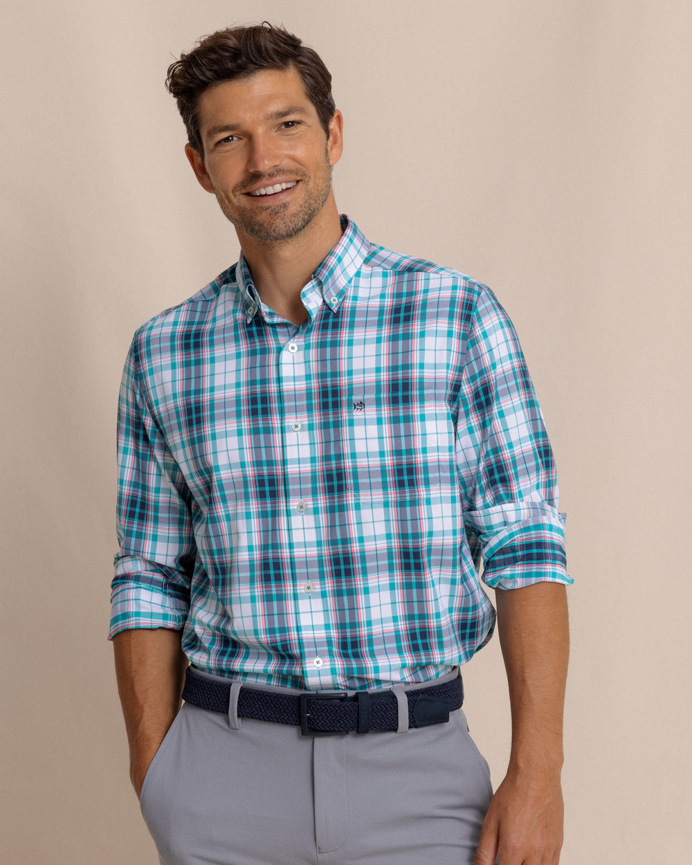 The front view of the Southern Tide Willowbrook Plaid Intercoastal Long Sleeve Sport Shirt by Southern Tide - Spruce Shade