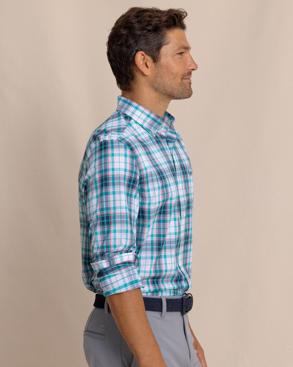 The side view of the Southern Tide Willowbrook Plaid Intercoastal Long Sleeve Sport Shirt by Southern Tide - Spruce Shade