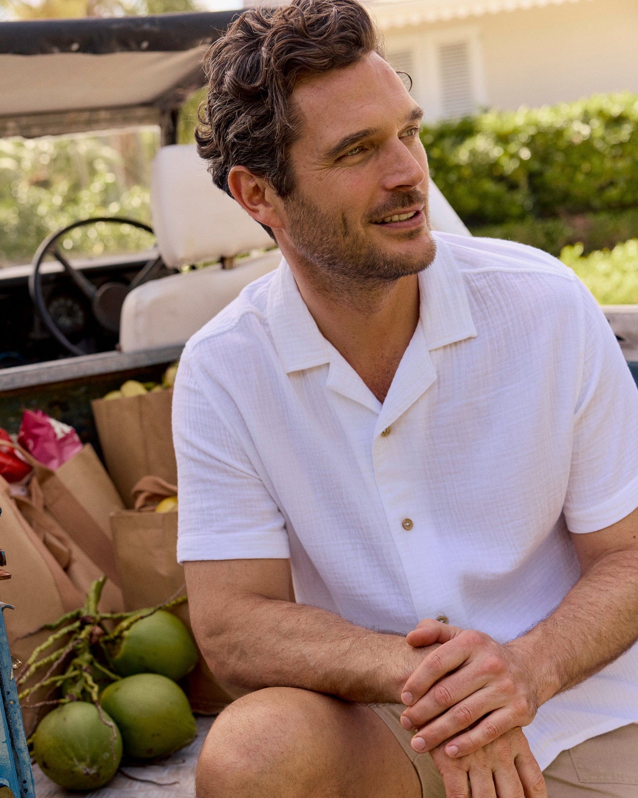 The lifestyle view of the Southern Tide Windrift Double Cloth Short Sleeve Camp Shirt by Southern Tide - Classic White