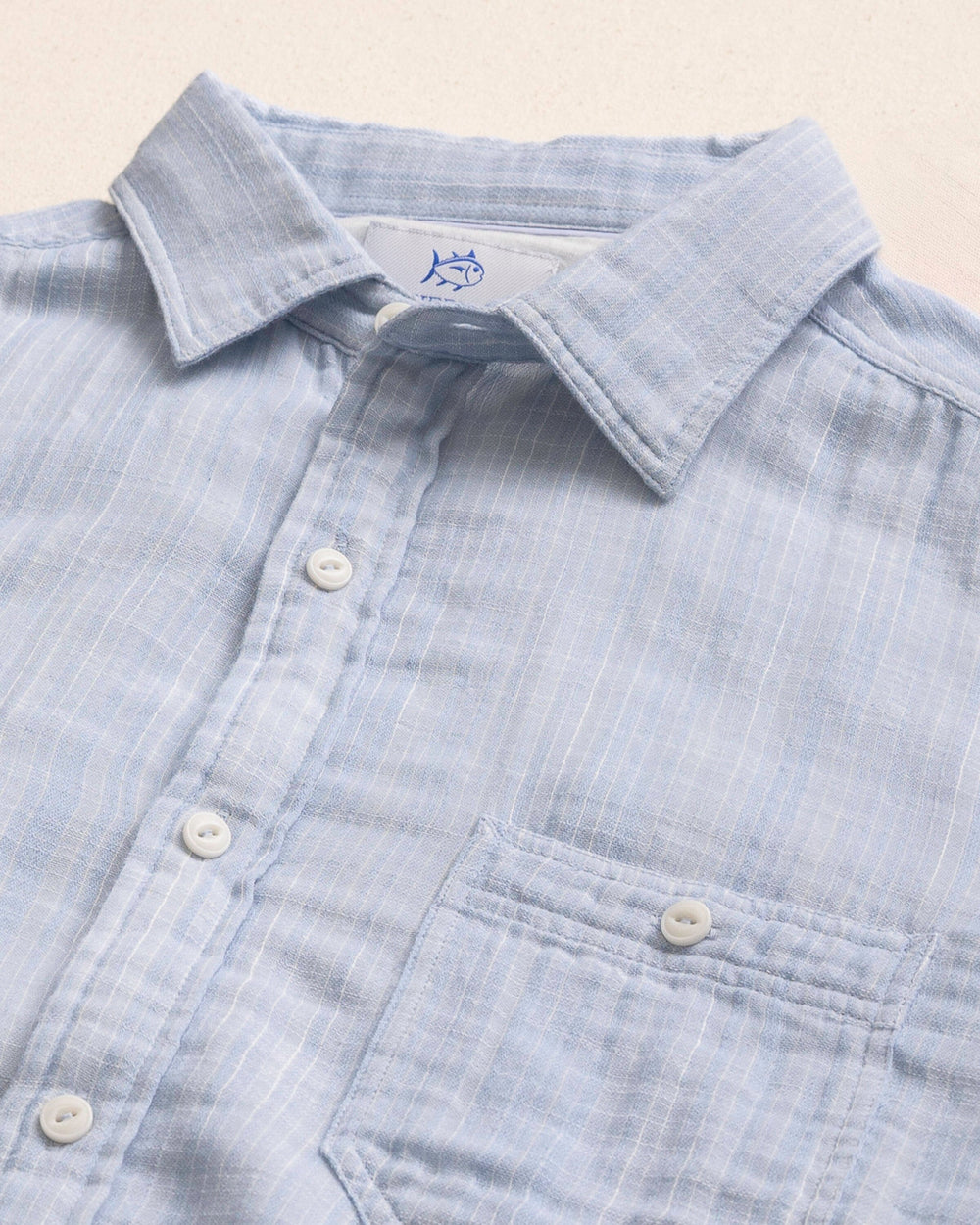 The detail view of the Southern Tide Windward Stripe Heather Double Cloth Sport Shirt by Southern Tide - Heather Ocean Channel