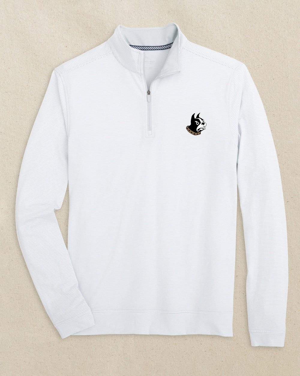 The front view of the Southern Tide Wofford Terriers Cruiser Micro-Stripe Quarter Zip by Southern Tide - Heather Slate Grey