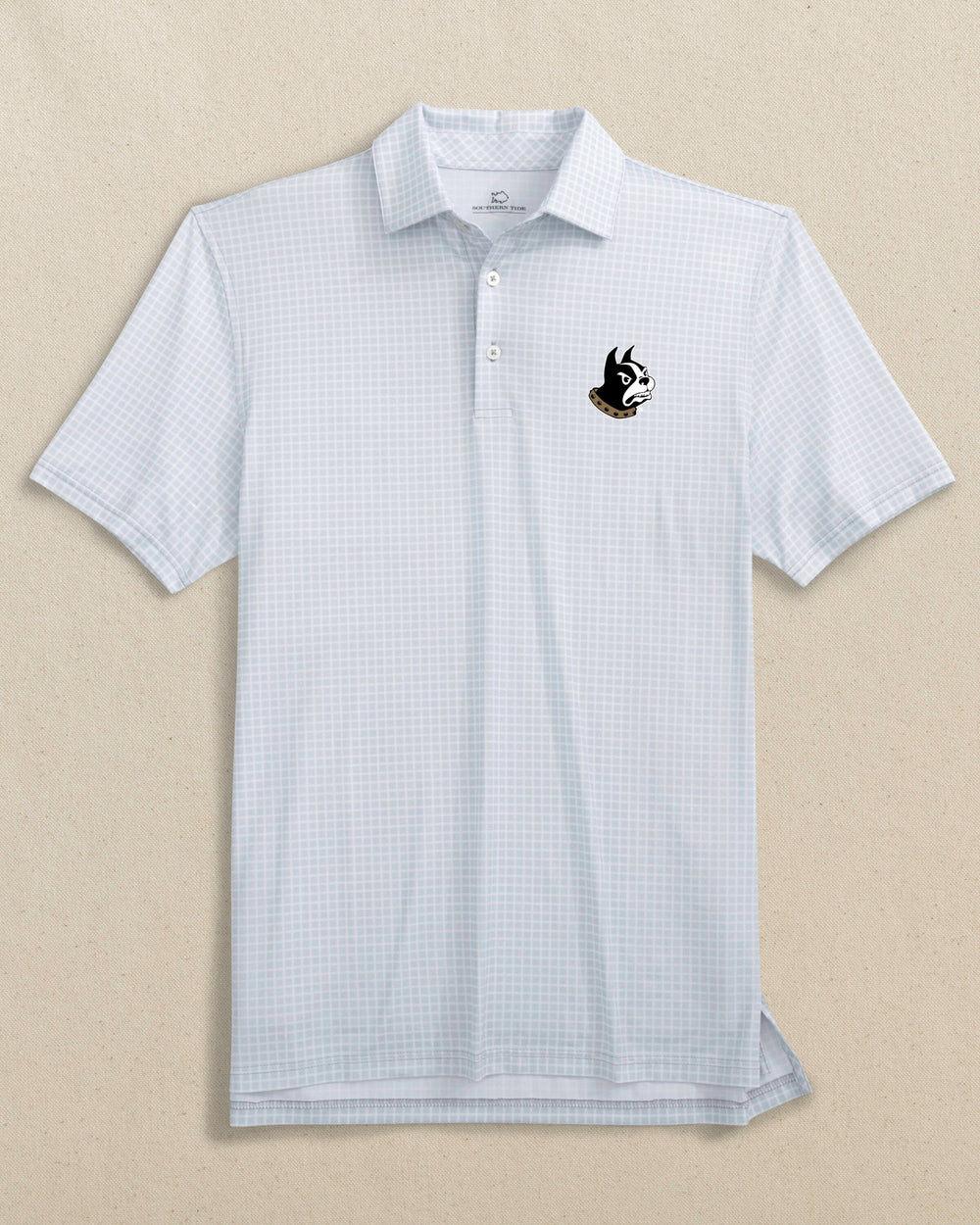 The front view of the Southern Tide Wofford Terriers Driver Dunes Edge Plaid Polo by Southern Tide - Slate Grey