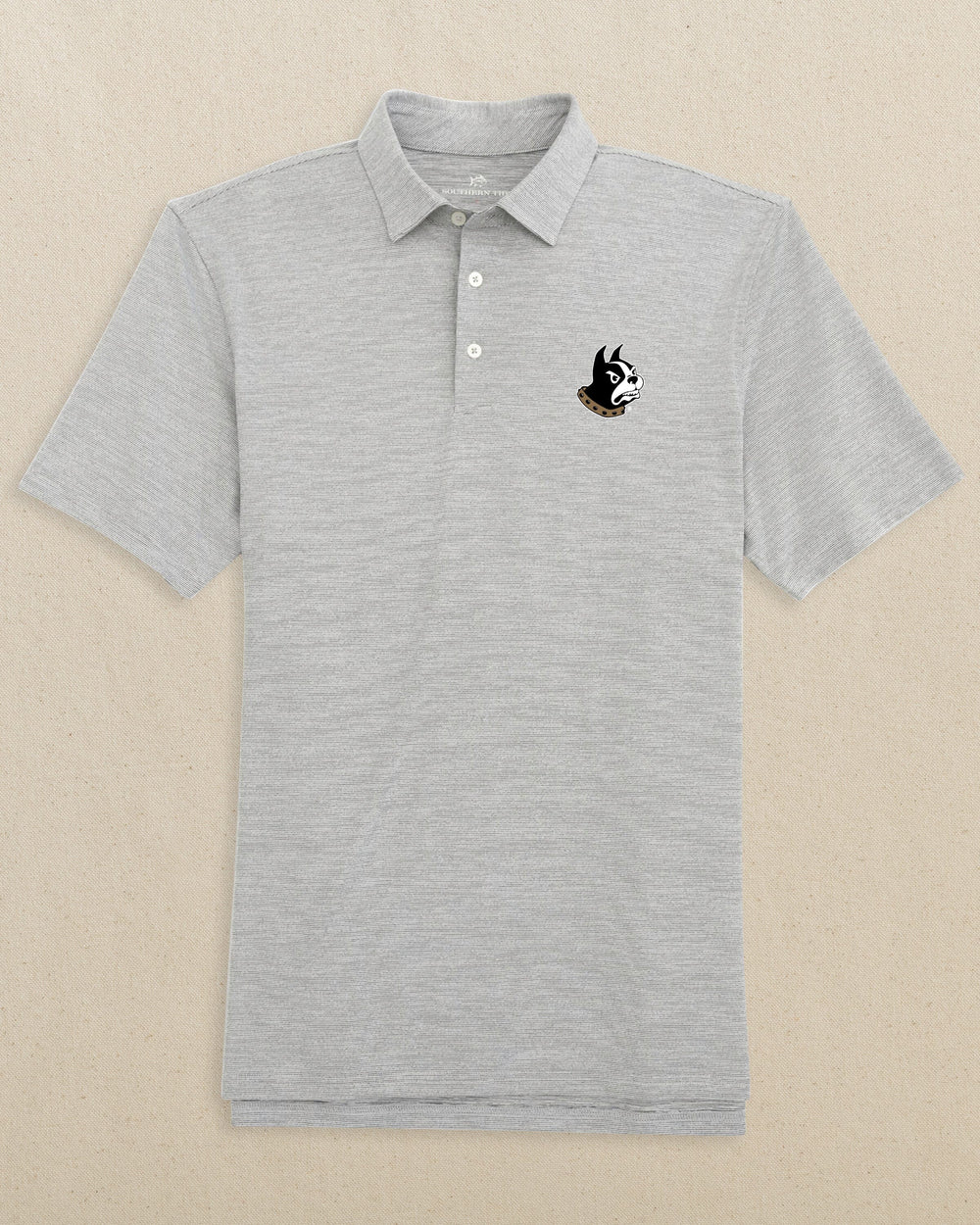 The front view of the Southern Tide Wofford Terriers Driver Spacedye Polo by Southern Tide - Black