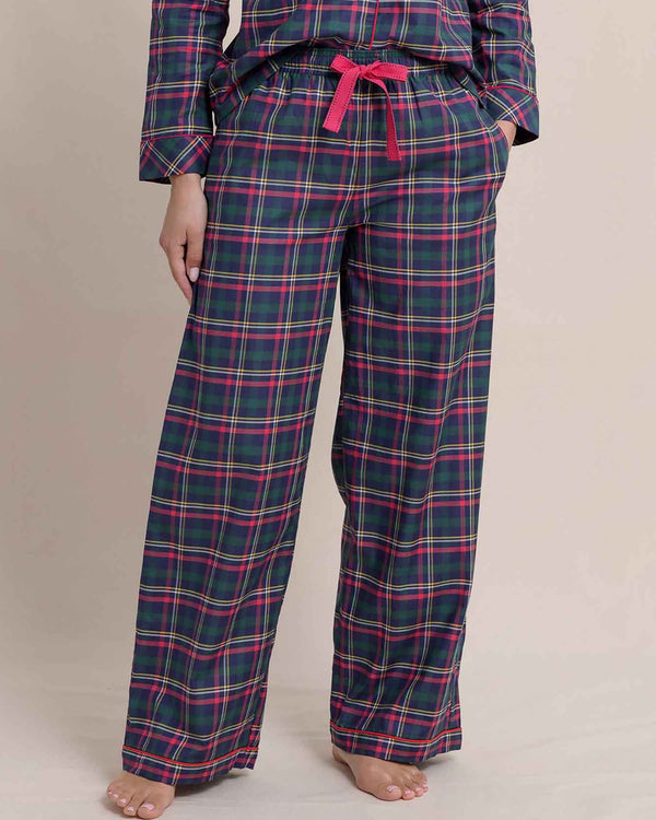 The front view of the Southern Tide Women's Partridgeberry Plaid Lounge Pants by Southern Tide - Dress Blue