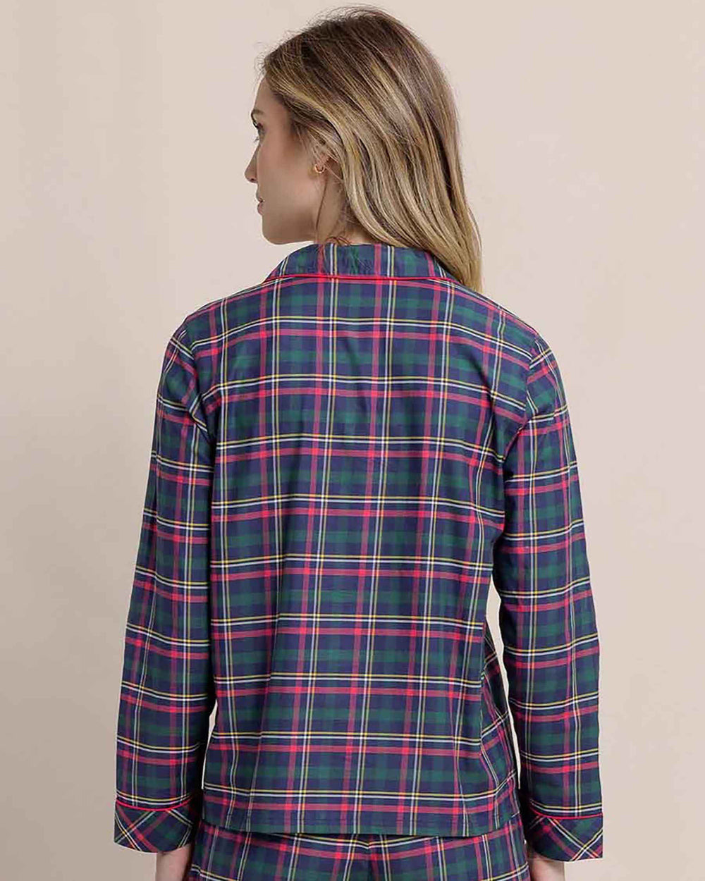 The back view of the Southern Tide Women's Partridgeberry Plaid Lounge Shirt by Southern Tide - Dress Blue