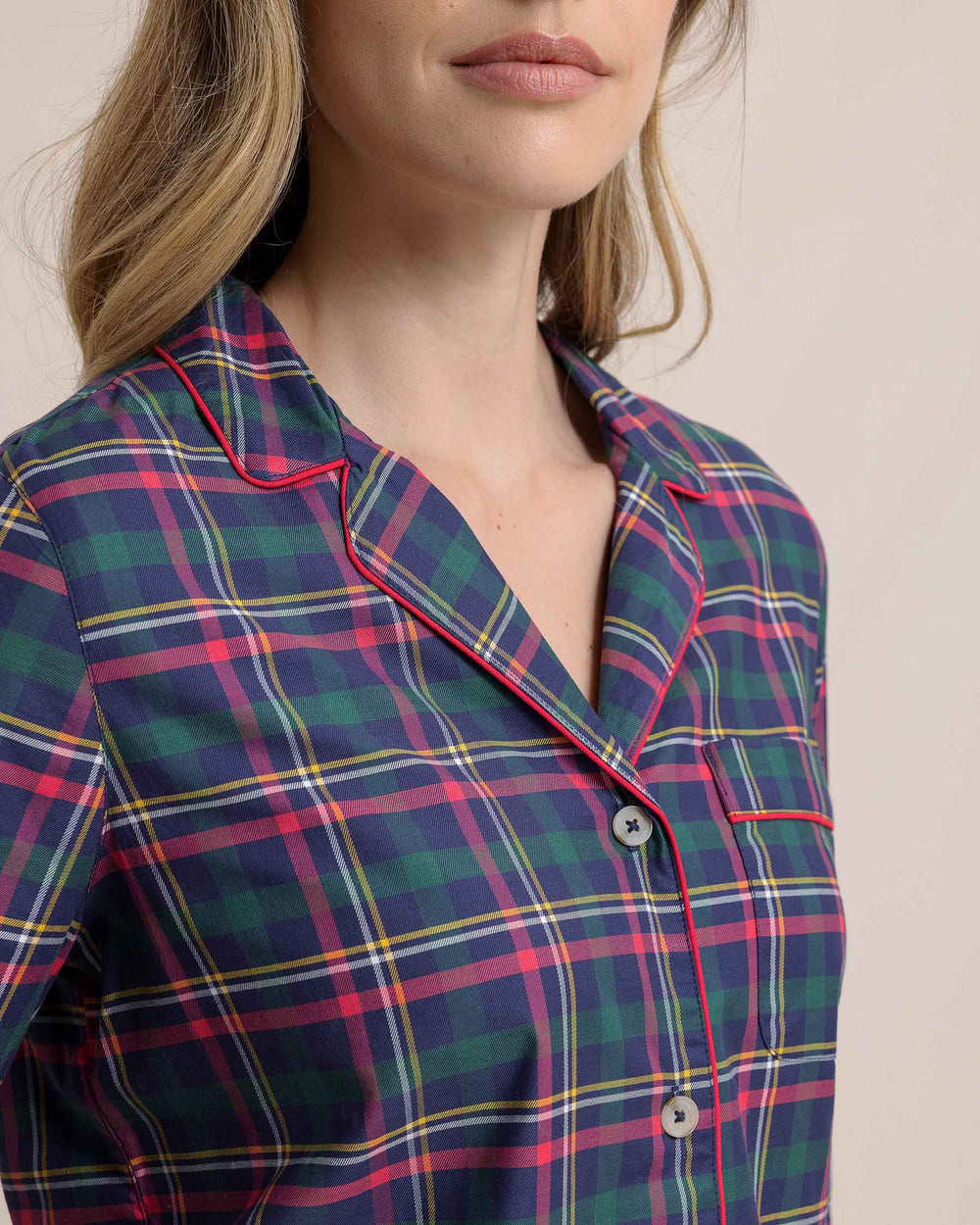 The detail view of the Southern Tide Women's Partridgeberry Plaid Lounge Shirt by Southern Tide - Dress Blue