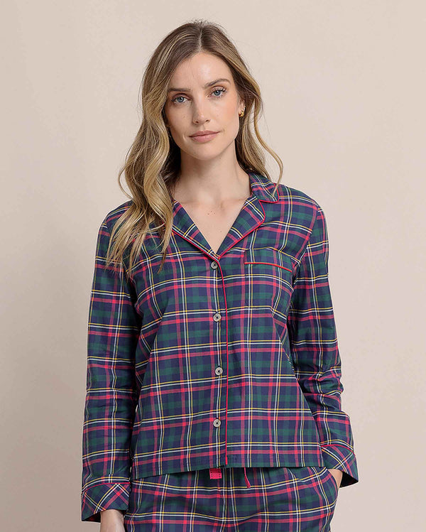 The front view of the Southern Tide Women's Partridgeberry Plaid Lounge Shirt by Southern Tide - Dress Blue