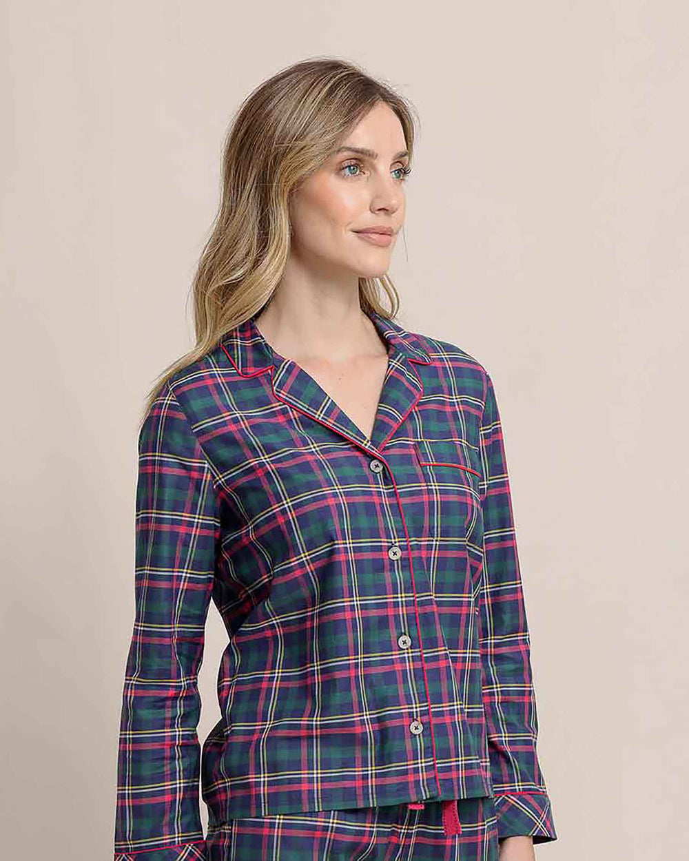 The side view of the Southern Tide Women's Partridgeberry Plaid Lounge Shirt by Southern Tide - Dress Blue