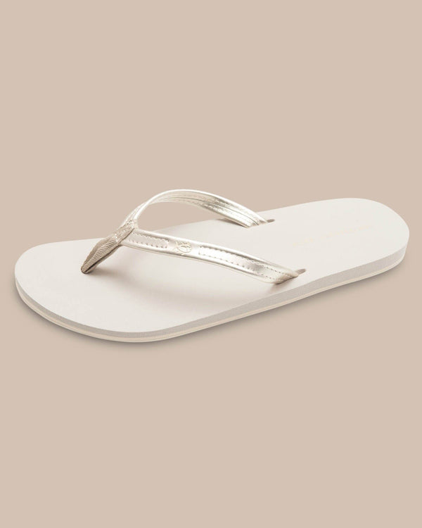 The front view of the Southern Tide Women's Weekend Metallic Gold Leather Flipjacks by Southern Tide - Metallic Gold