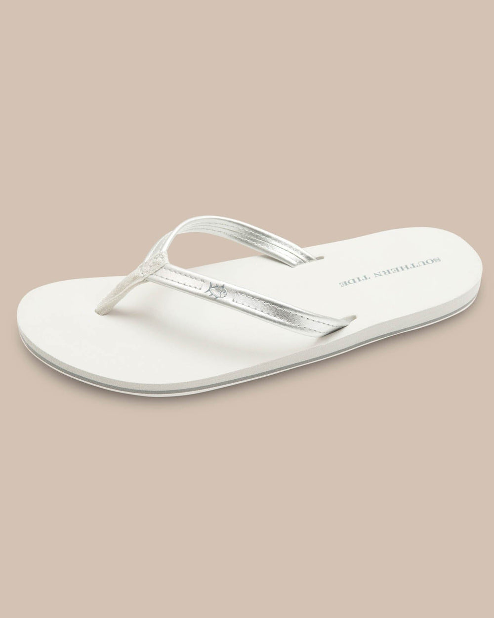 The front view of the Women's Weekend Metallic Silver Leather Flipjacks by Southern Tide - Metallic Silver
