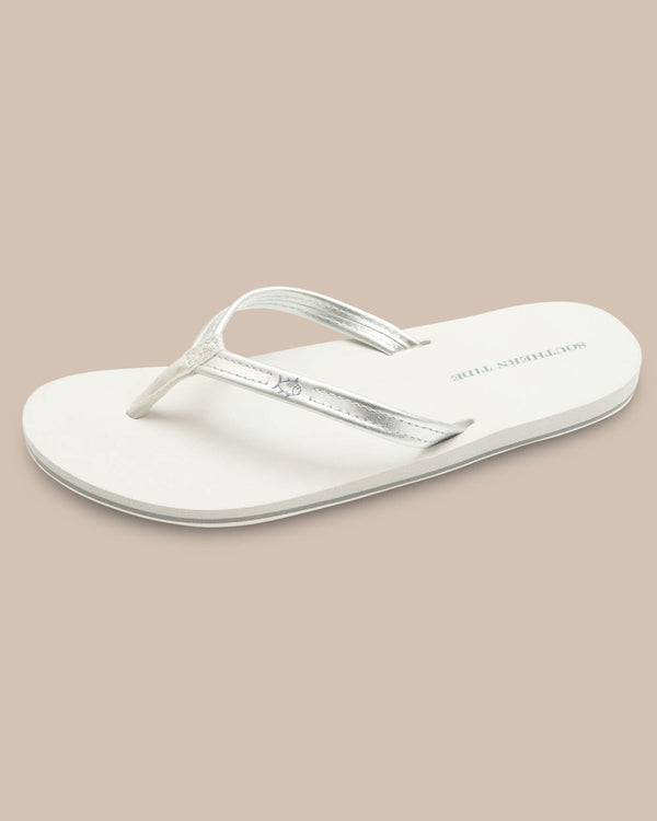 The front view of the Women's Weekend Metallic Silver Leather Flipjacks by Southern Tide - Metallic Silver