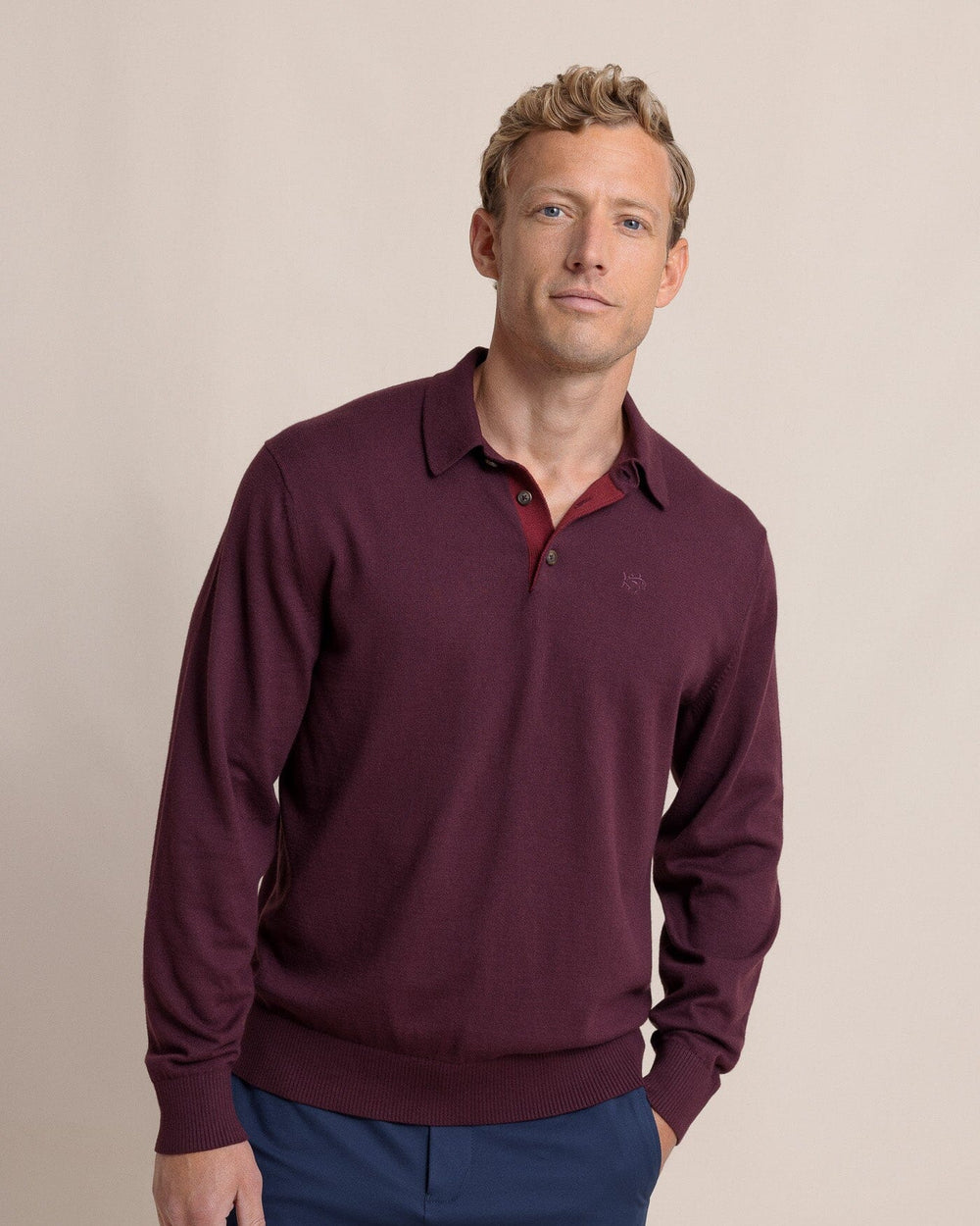 The front view of the Southern Tide Woodville Jade Sweater Polo by Southern Tide - Merlot