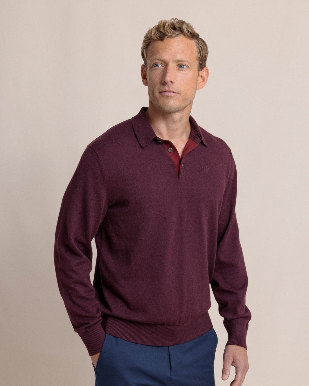 The side view of the Southern Tide Woodville Jade Sweater Polo by Southern Tide - Merlot