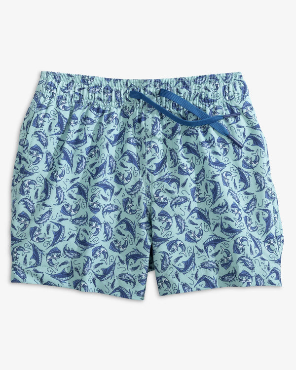 The front view of the Southern Tide Youth Catch You Later Swim Trunk by Southern Tide - Turquoise Sea