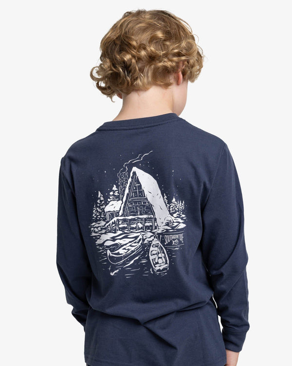 The back view of the Southern Tide Youth Chillin at the Cabin Long Sleeve T-shirt by Southern Tide - True Navy