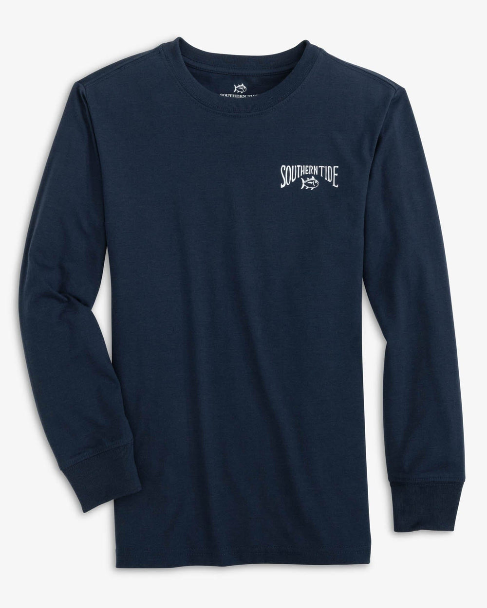 The front view of the Southern Tide Youth Chillin at the Cabin Long Sleeve T-shirt by Southern Tide - True Navy