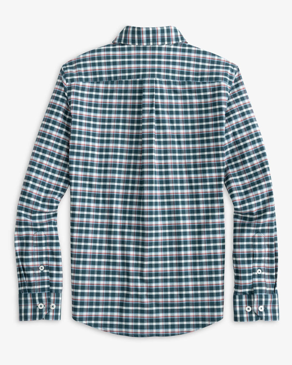 The back view of the Southern Tide Youth Coastal Passage Bowden Plaid Long Sleeve Sportshirt by Southern Tide - Georgian Bay Green