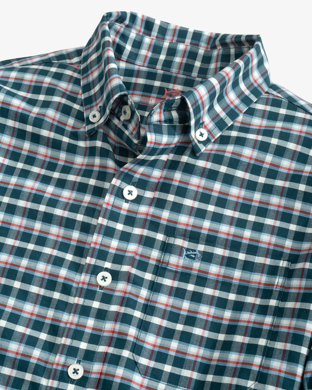 The detail view of the Southern Tide Youth Coastal Passage Bowden Plaid Long Sleeve Sportshirt by Southern Tide - Georgian Bay Green