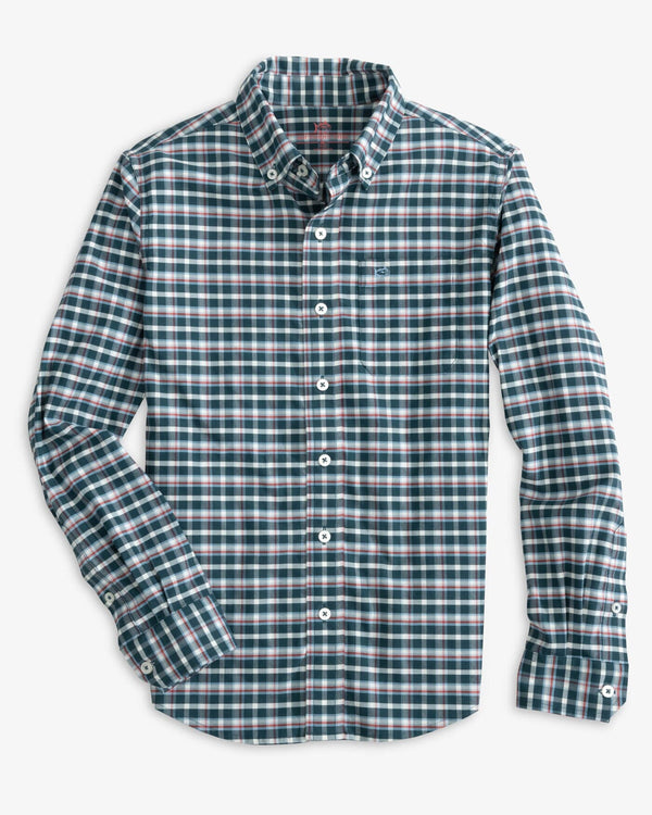 The front view of the Southern Tide Youth Coastal Passage Bowden Plaid Long Sleeve Sportshirt by Southern Tide - Georgian Bay Green