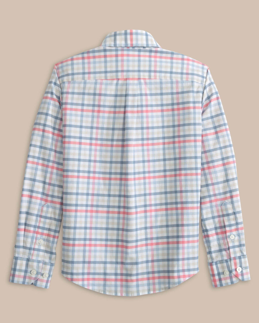 The back view of the Southern Tide youth-coastal-passage-pelham-plaid-long-sleeve-sportshirt by Southern Tide - Geranium Pink