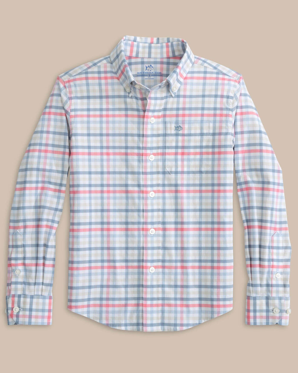 The front view of the Southern Tide youth-coastal-passage-pelham-plaid-long-sleeve-sportshirt by Southern Tide - Geranium Pink