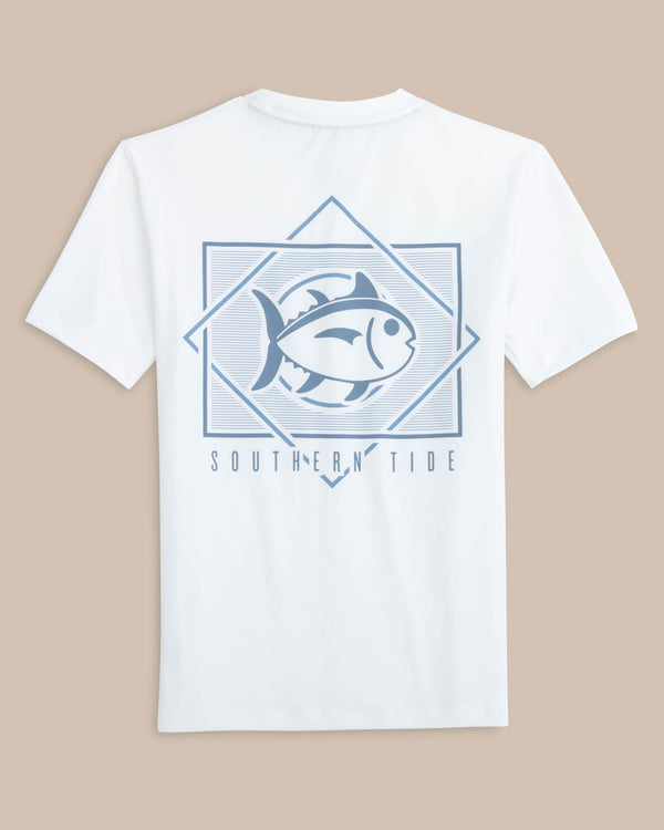 The back view of the Southern Tide Youth Geometric Striped Short Sleeve Performance T-Shirt by Southern Tide - Classic White