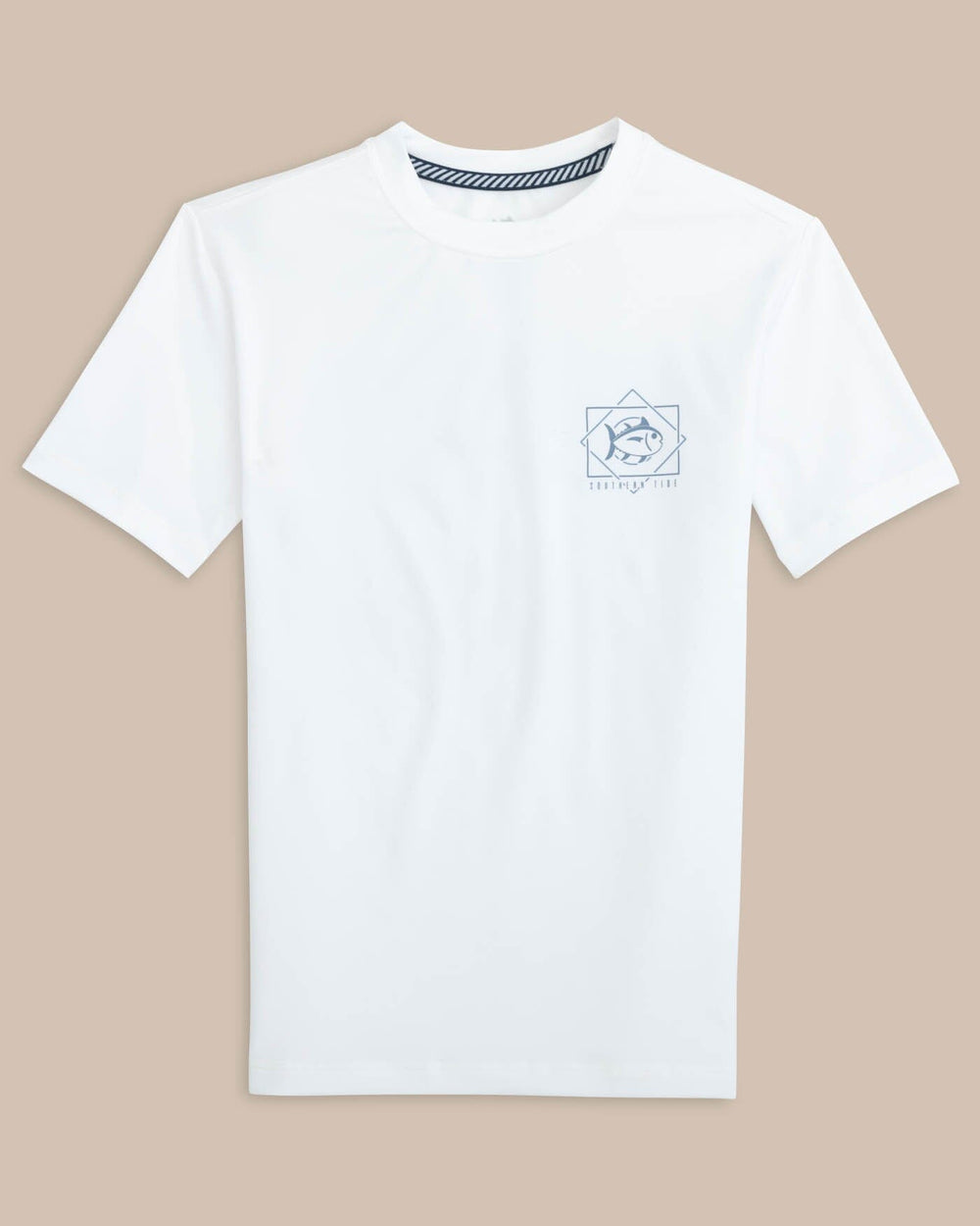 The front view of the Southern Tide Youth Geometric Striped Short Sleeve Performance T-Shirt by Southern Tide - Classic White