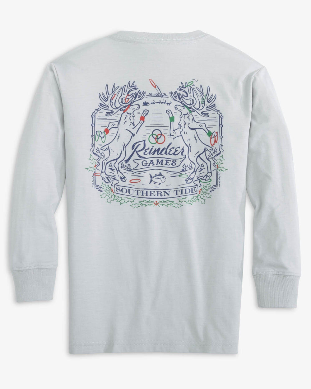 The back view of the Southern Tide Youth Heather Reindeer Games Long Sleeve T-shirt by Southern Tide - Heather Slate Grey