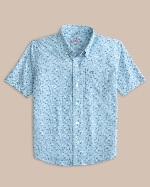 The front view of the Southern Tide Youth Intercoastal Forget A-Boat It Short Sleeve Sport Shirt by Southern Tide - Clearwater Blue