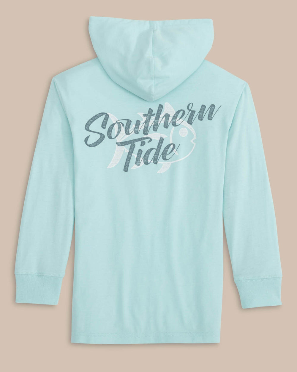 The back view of the Southern Tide Youth Letterpress Skipjack Long Sleeve Hoodie T-shirt by Southern Tide - Wake Blue