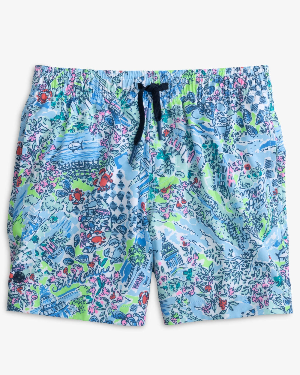 The front view of the Southern Tide Youth Lilly Loves South Carolina Swim Trunk by Southern Tide - Blue Peri
