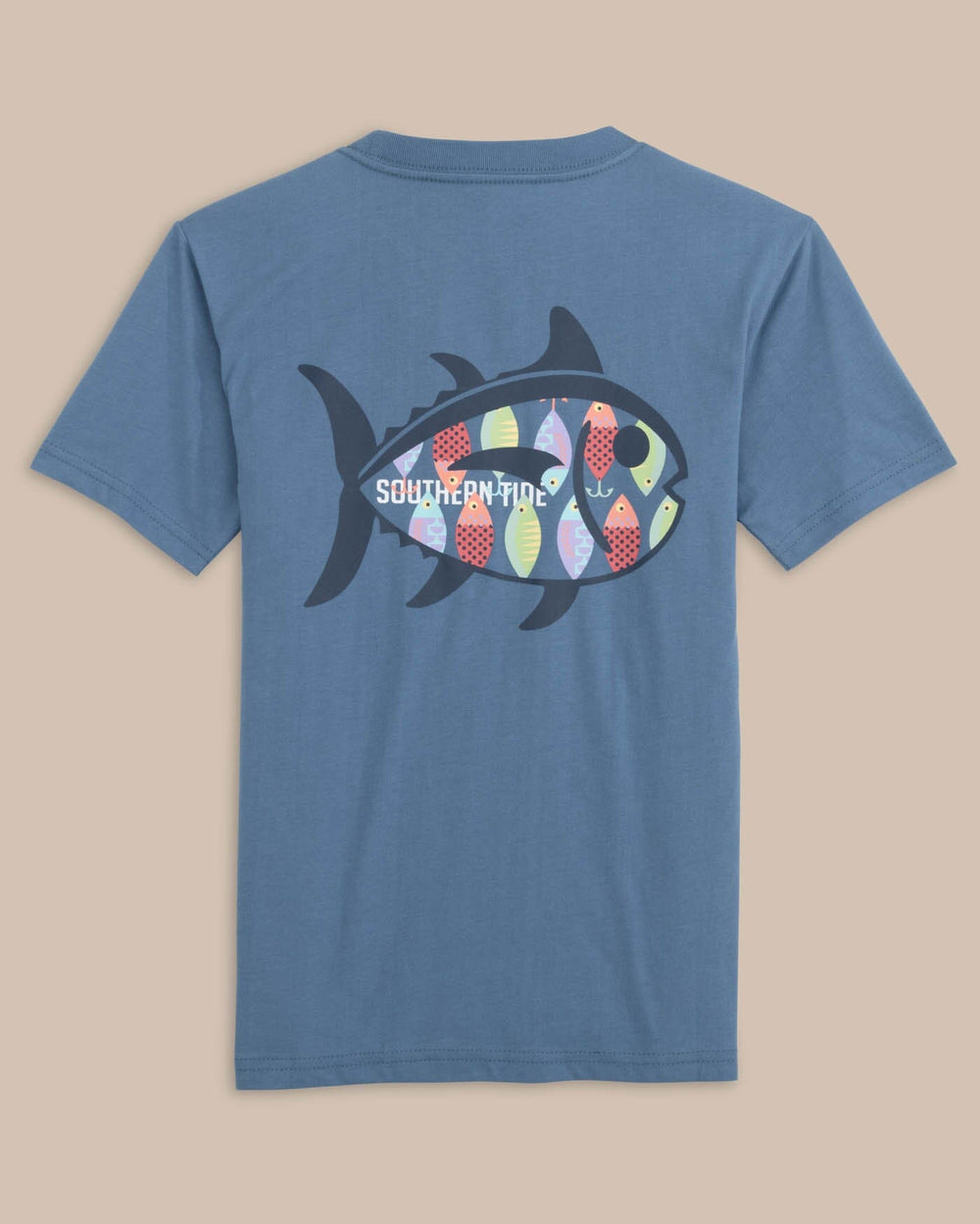The back view of the Southern Tide Youth Skipjack Lure Fill Short Sleeve T-shirt by Southern Tide - Coronet Blue