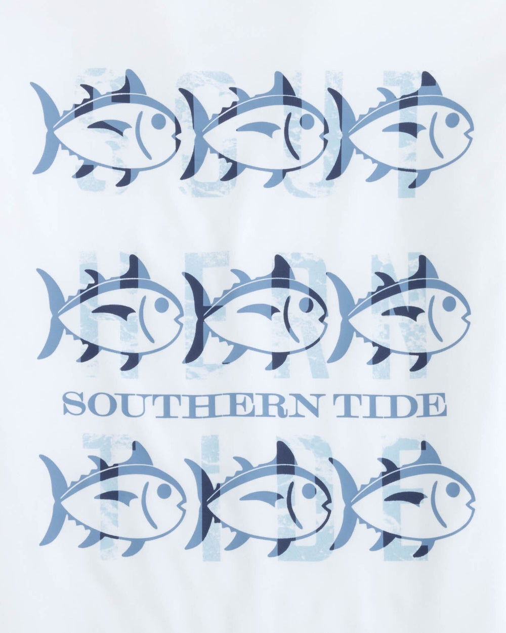 The detail view of the Southern Tide Youth ST Triple Stack Ocean Front Graphic Long Sleeve Performance T-shirt by Southern Tide - Classic White