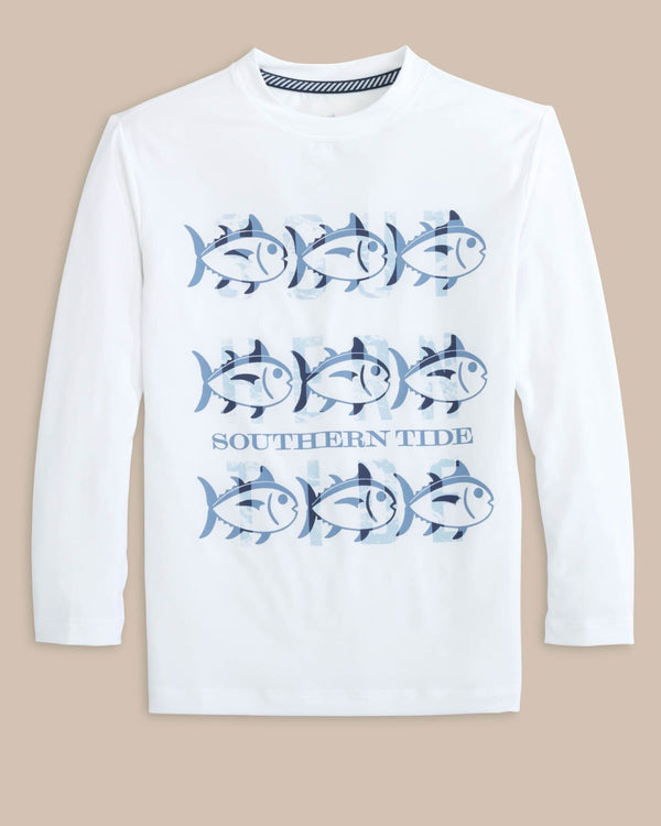 The front view of the Southern Tide Youth ST Triple Stack Ocean Front Graphic Long Sleeve Performance T-shirt by Southern Tide - Classic White