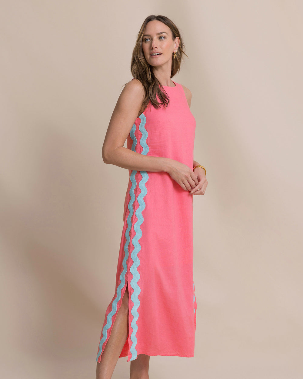 The side view of the Southern Tide Zalia Side Stripe Maxi Dress by Southern Tide - Island Pink