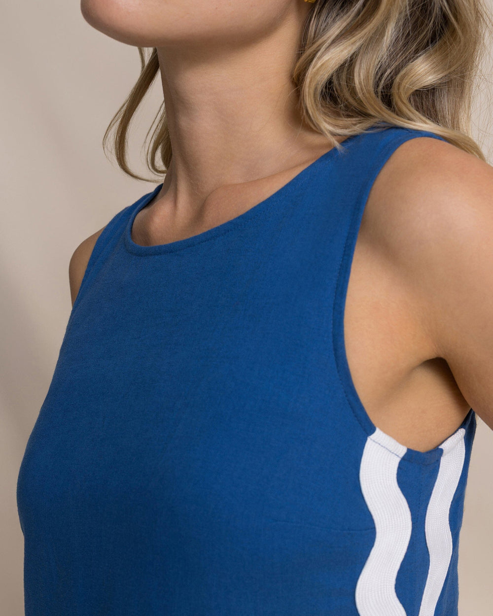 The detail view of the Southern Tide Zalia Side Stripe Maxi Dress by Southern Tide - Nautical Blue