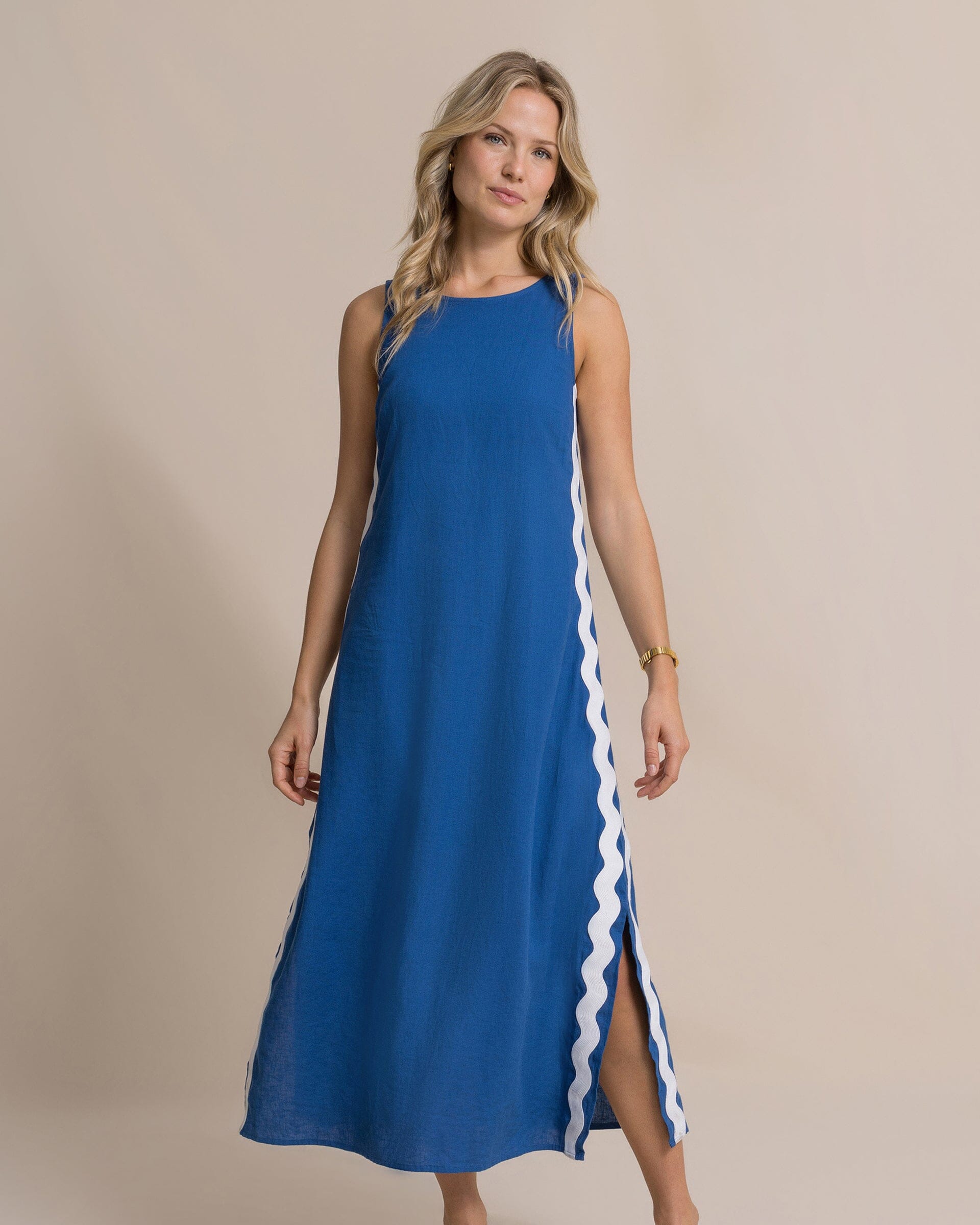 Southern Tide Women's Zalia Side Stripe Maxi Dress Pink (Size L) 52% Linen 48% Viscose