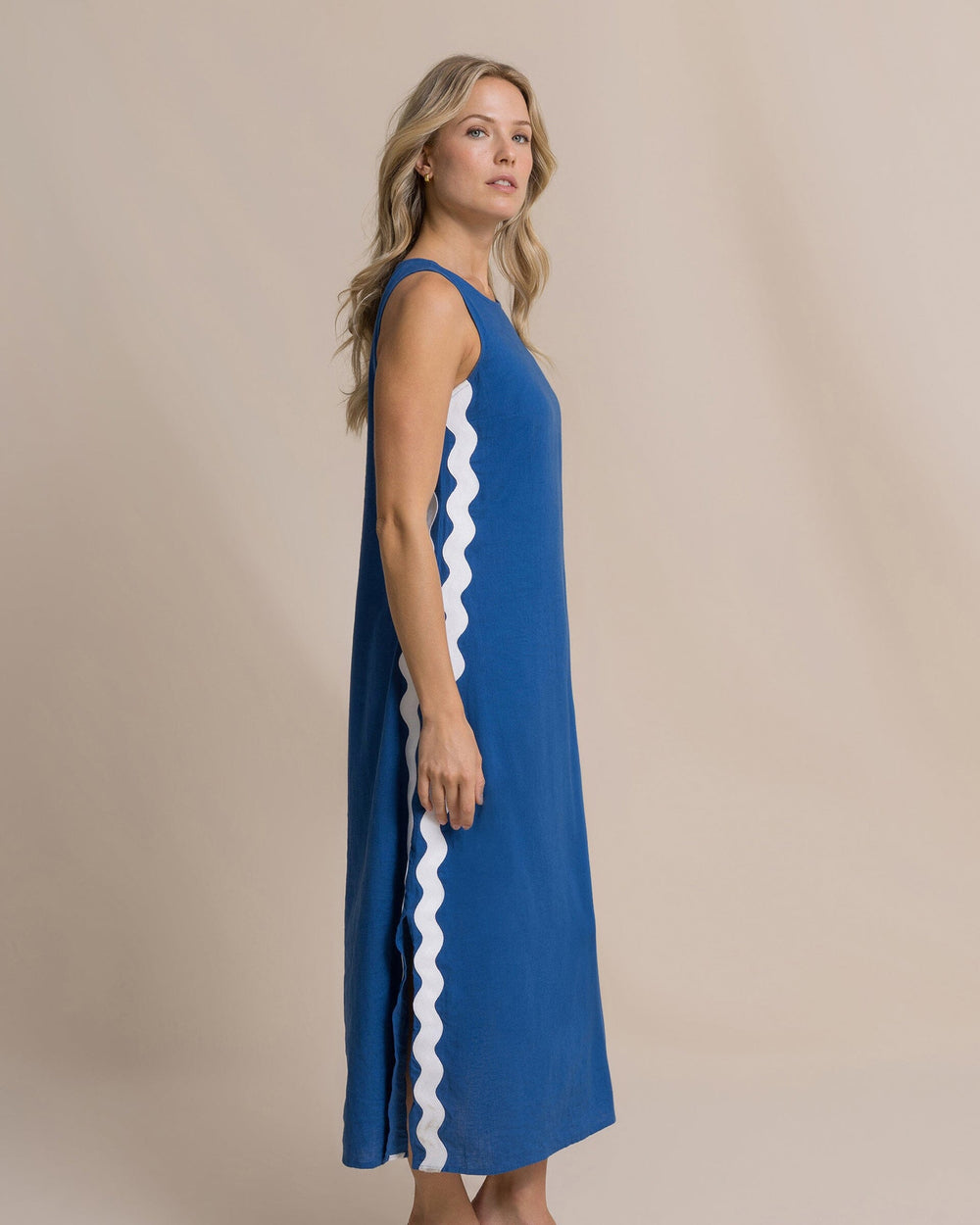 The side view of the Southern Tide Zalia Side Stripe Maxi Dress by Southern Tide - Nautical Blue