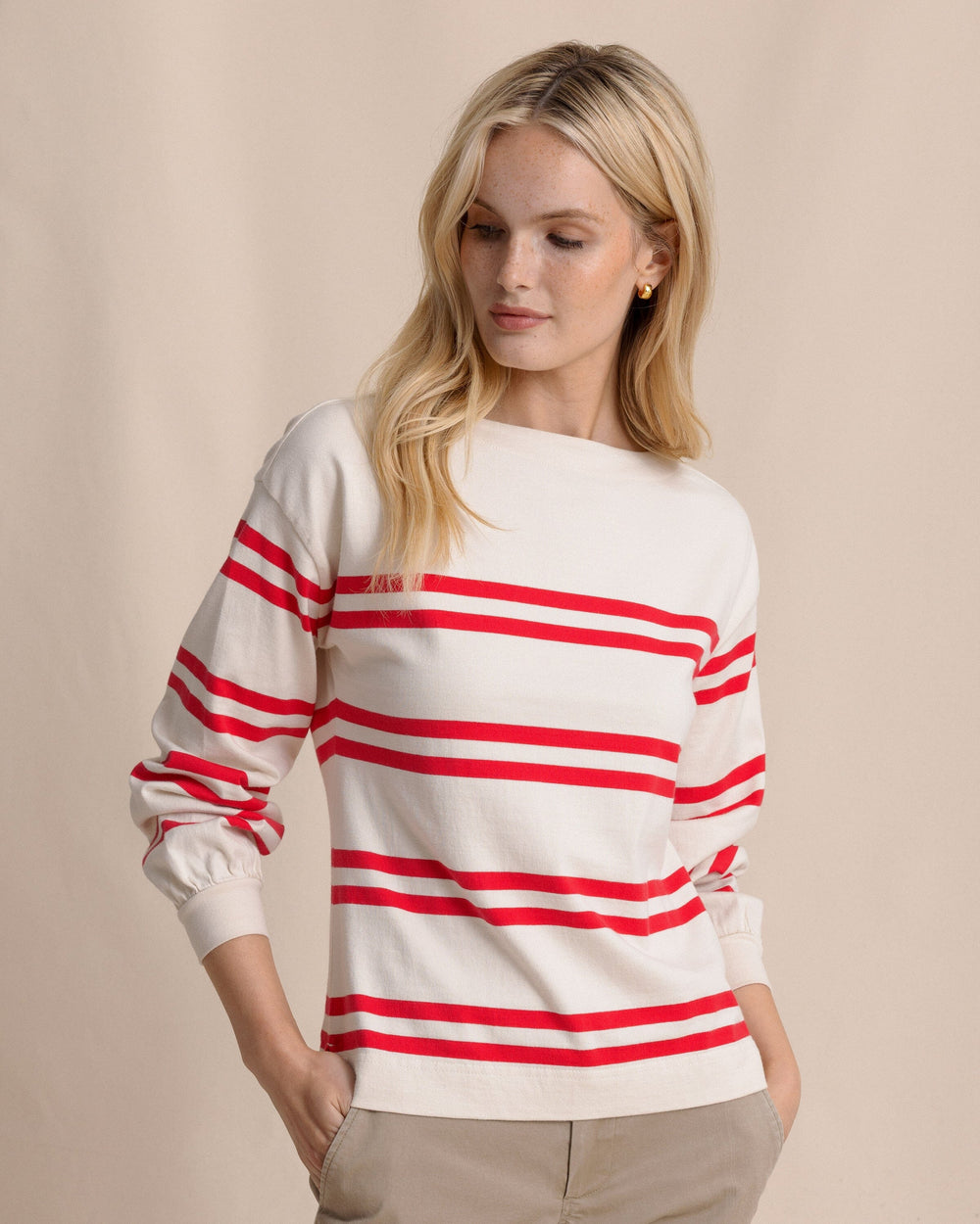 The front view of the Southern Tide Zayla Stripe Top by Southern Tide - Sand White