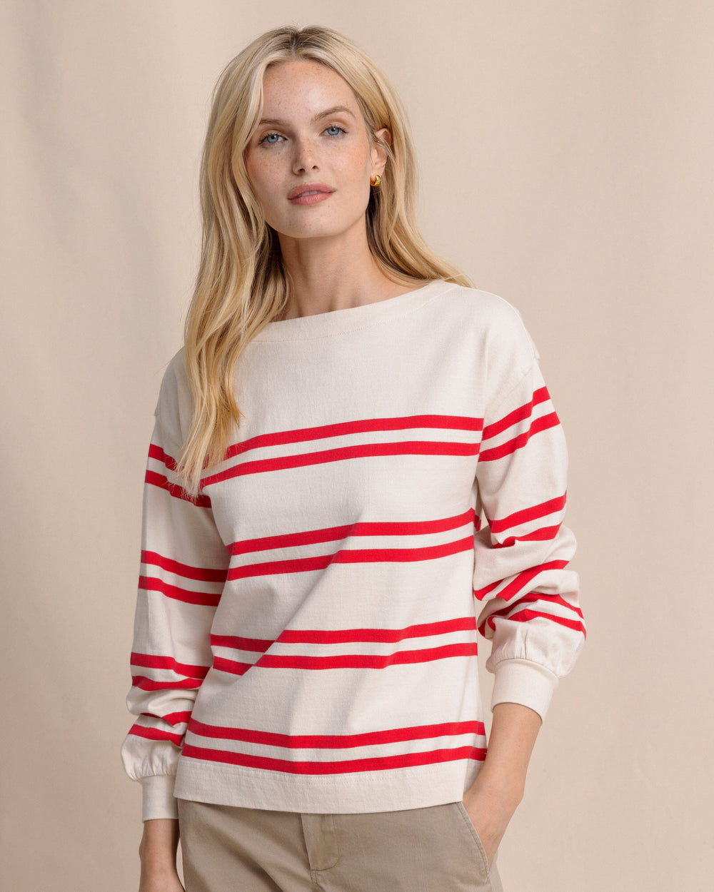 The front view of the Southern Tide Zayla Stripe Top by Southern Tide - Sand White