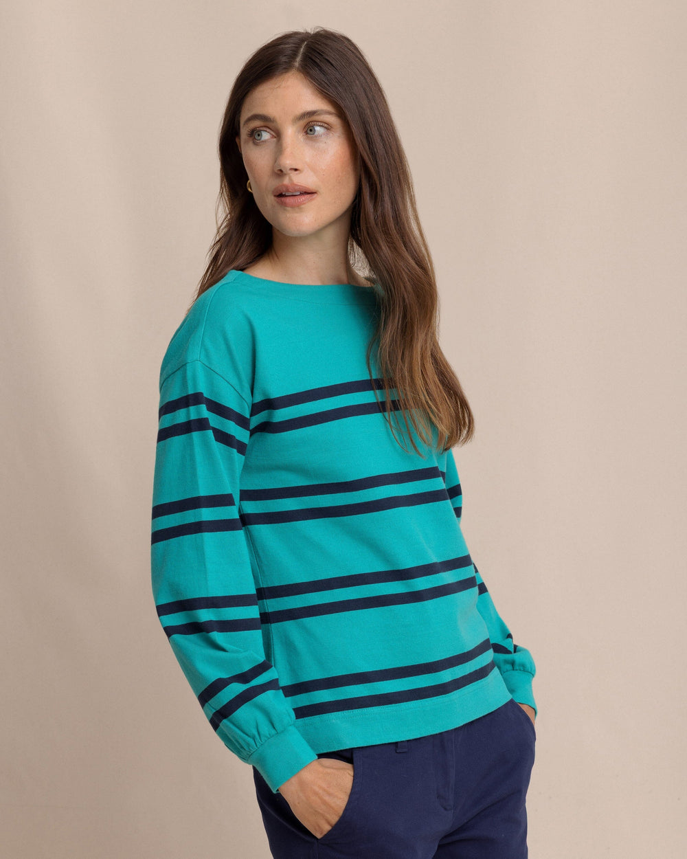 The side view of the Southern Tide Zayla Stripe Top by Southern Tide - Spruce Shade