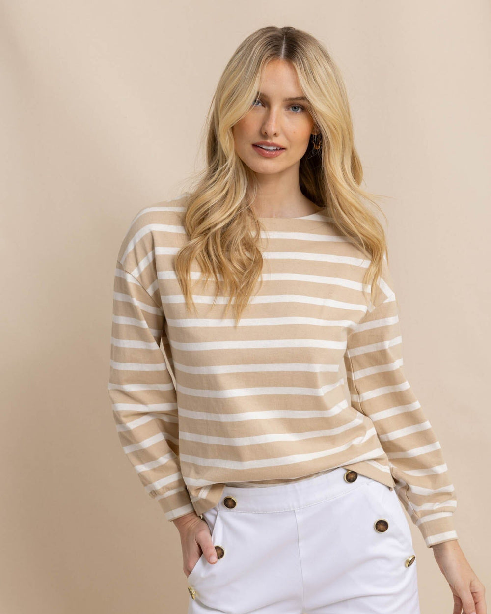 The front view of the Southern Tide Zayla Striped Top by Southern Tide - Irish Cream