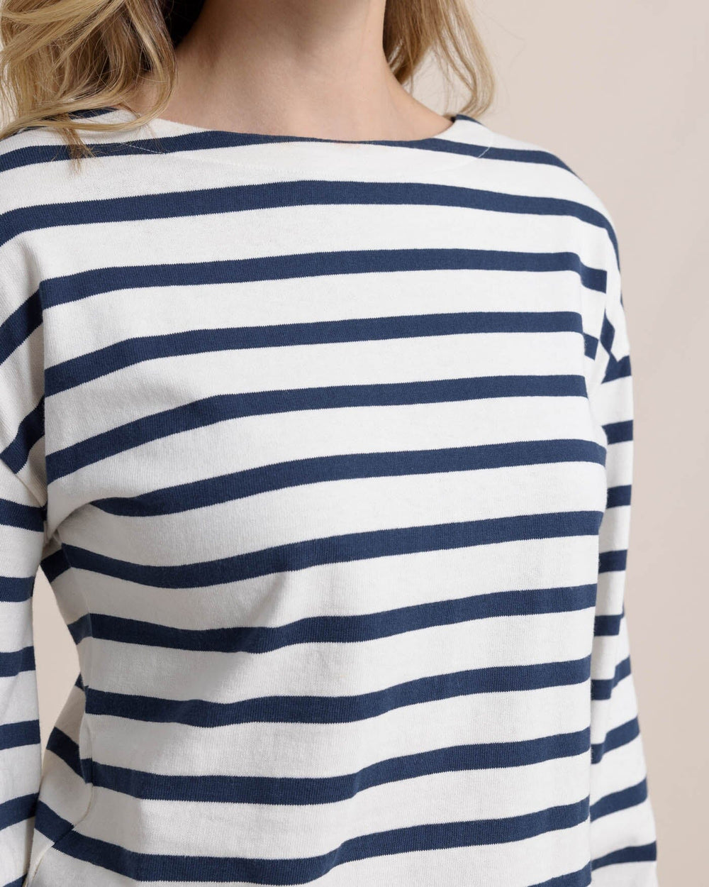 The detail view of the Southern Tide Zayla Striped Top by Southern Tide - Sand White