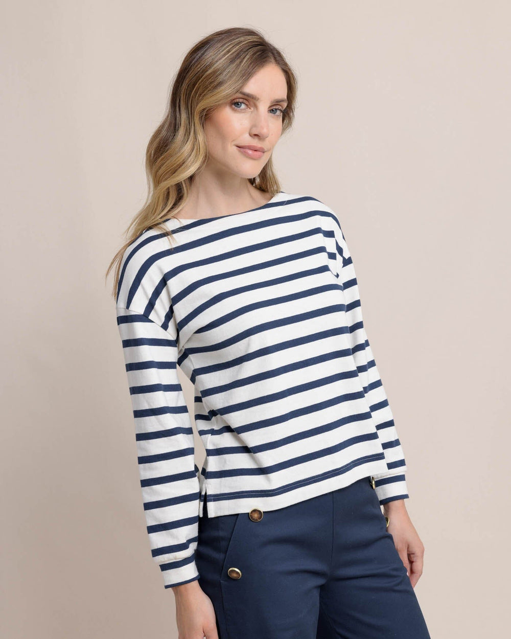 The front view of the Southern Tide Zayla Striped Top by Southern Tide - Sand White