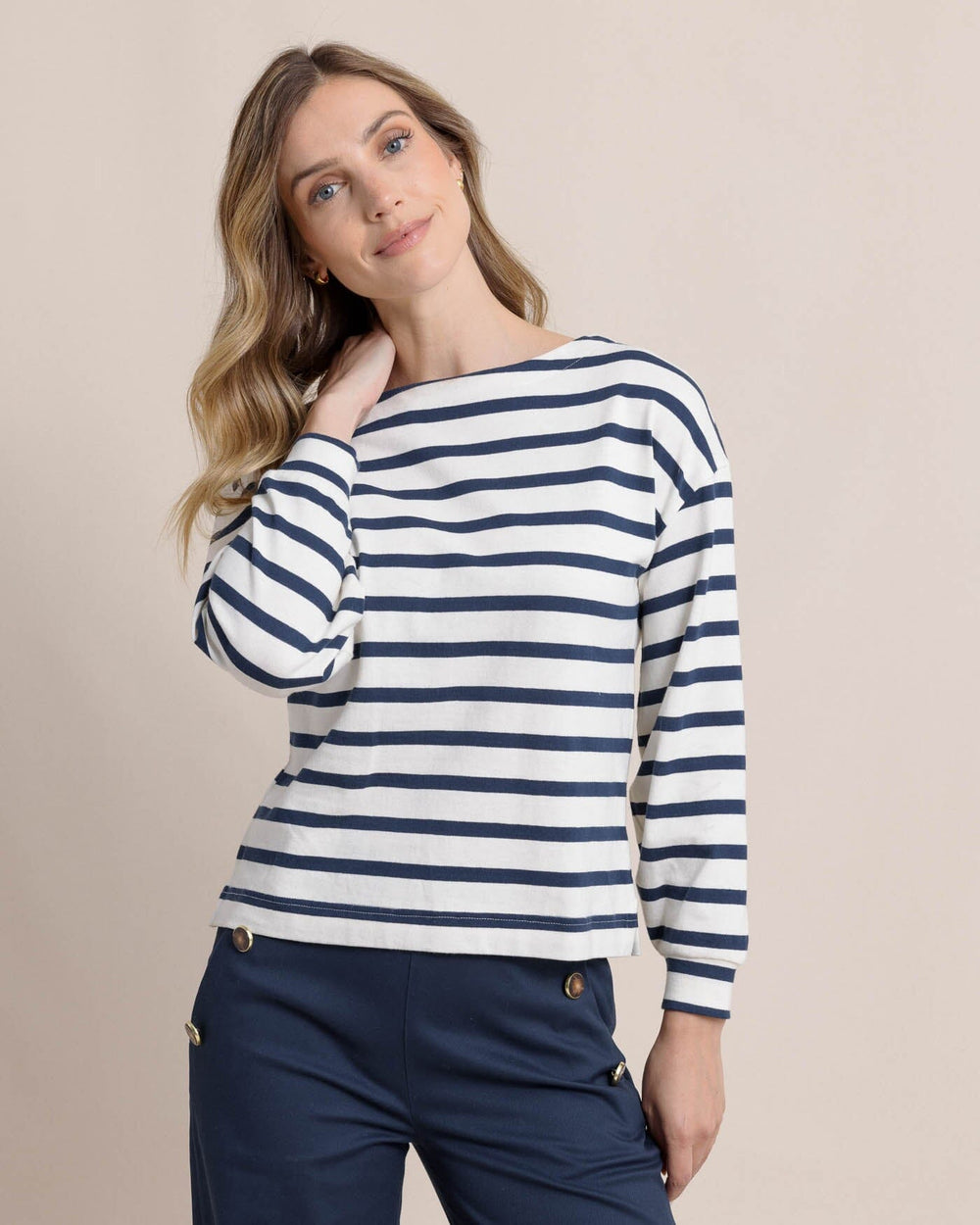 The front view of the Southern Tide Zayla Striped Top by Southern Tide - Sand White