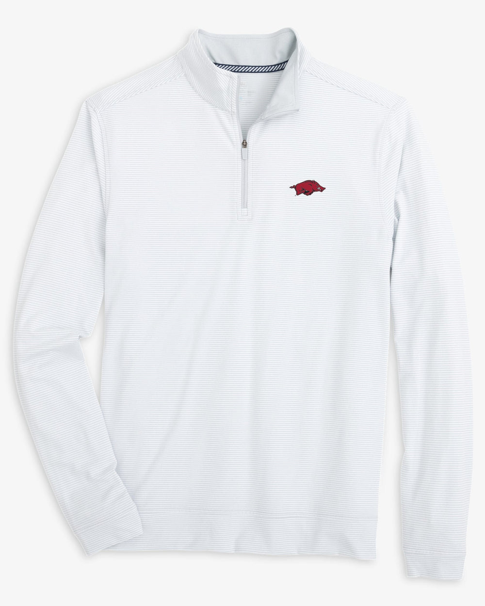 The front view of the Arkansas Razorbacks Cruiser Micro-Stripe Heather Quarter Zip by Southern Tide - Heather Slate Grey