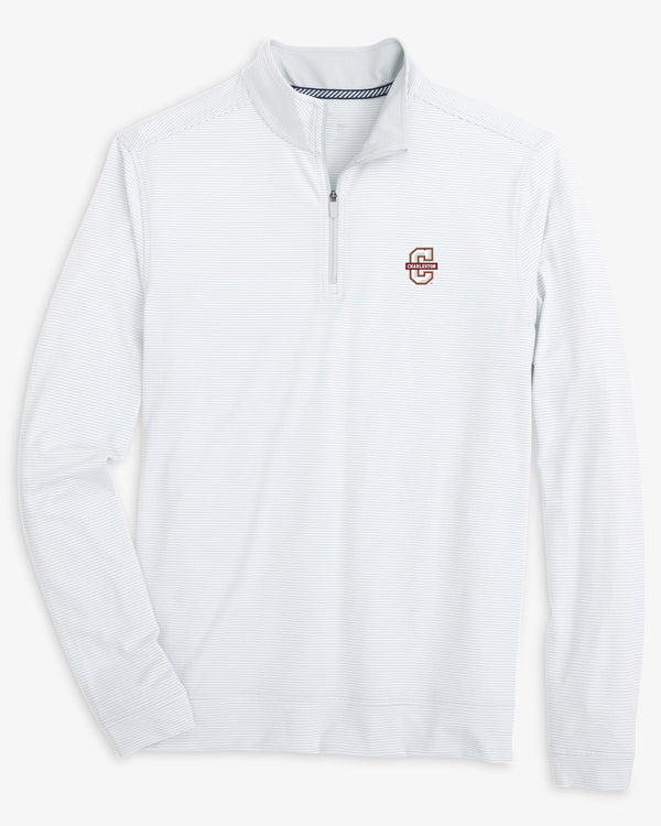 The front view of the College of Charleston Cougars Cruiser Micro-Stripe Heather Quarter Zip by Southern Tide - Heather Slate Grey