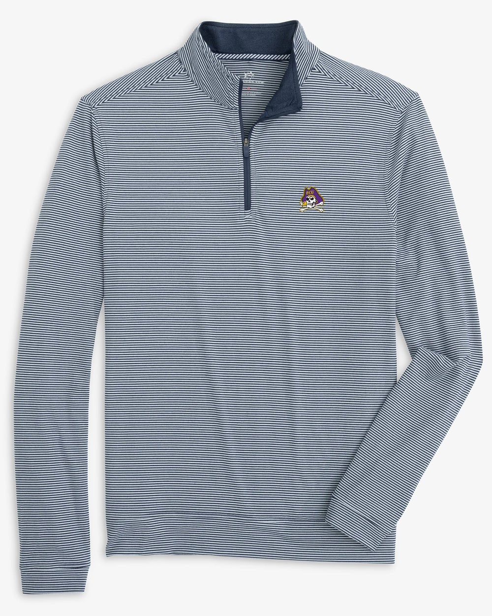 The front view of the East Carolina Cruiser Micro-Stripe Heather Quarter Zip by Southern Tide - Heather Navy