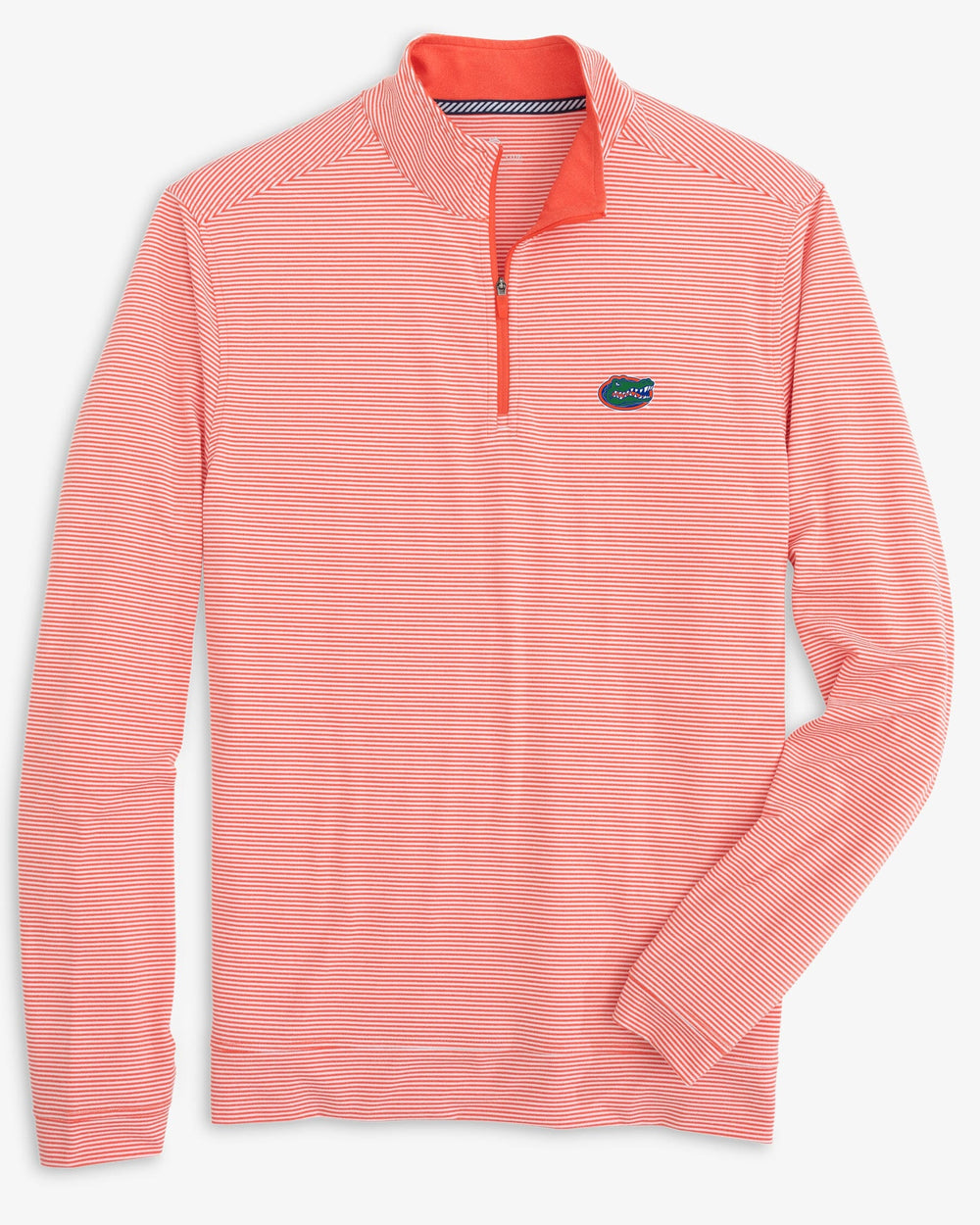 The front view of the Florida Gators Cruiser Micro-Stripe Heather Quarter Zip by Southern Tide - Heather Endzone Orange