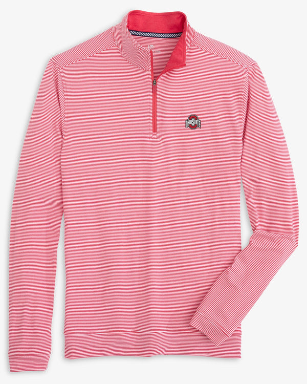 The front view of the Ohio State Buckeyes Cruiser Micro-Stripe Heather Quarter Zip by Southern Tide - Heather Varsity Red